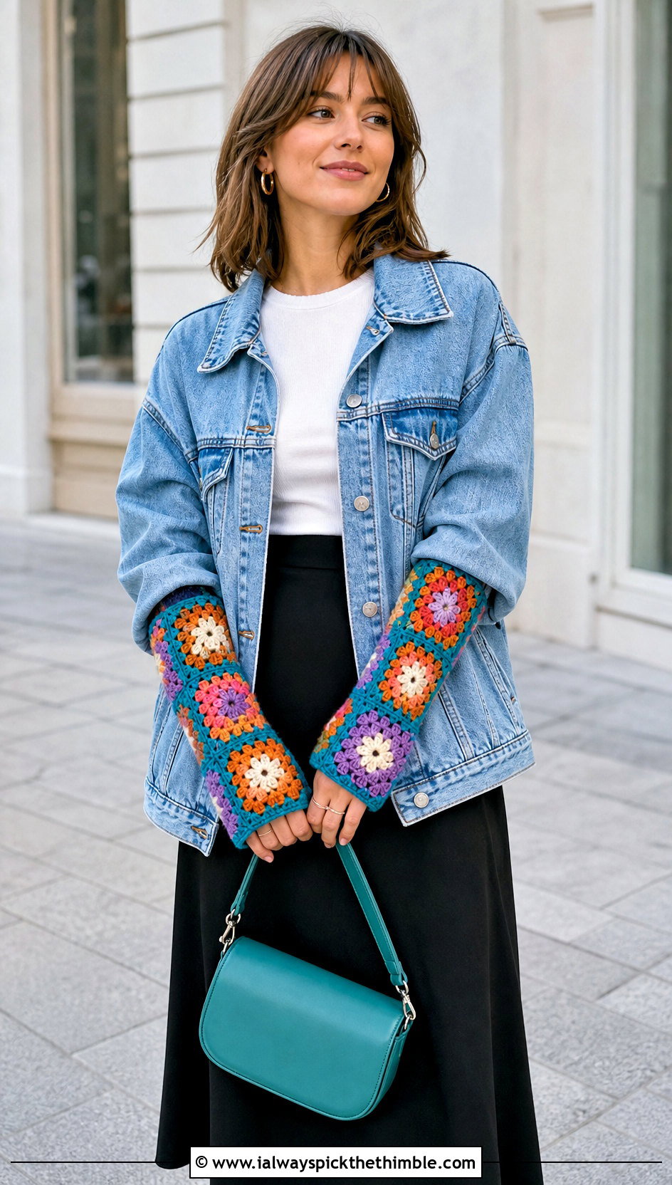 Granny Square Fingerless Arm Warmers With Denim Jacket - 15 Crochet Fingerless Arm Warmers outfit ideas