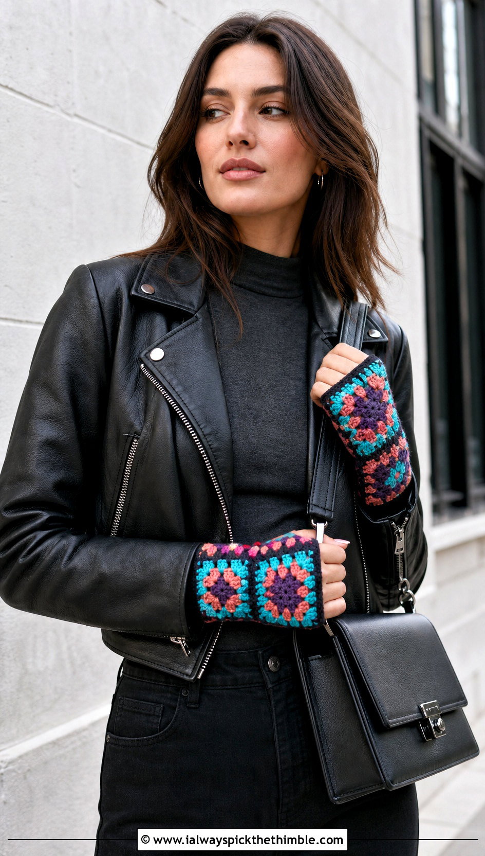 Granny Square Fingerless Crochet Gloves With Leather Jacket - 25 crochet gloves fingers outfit ideas