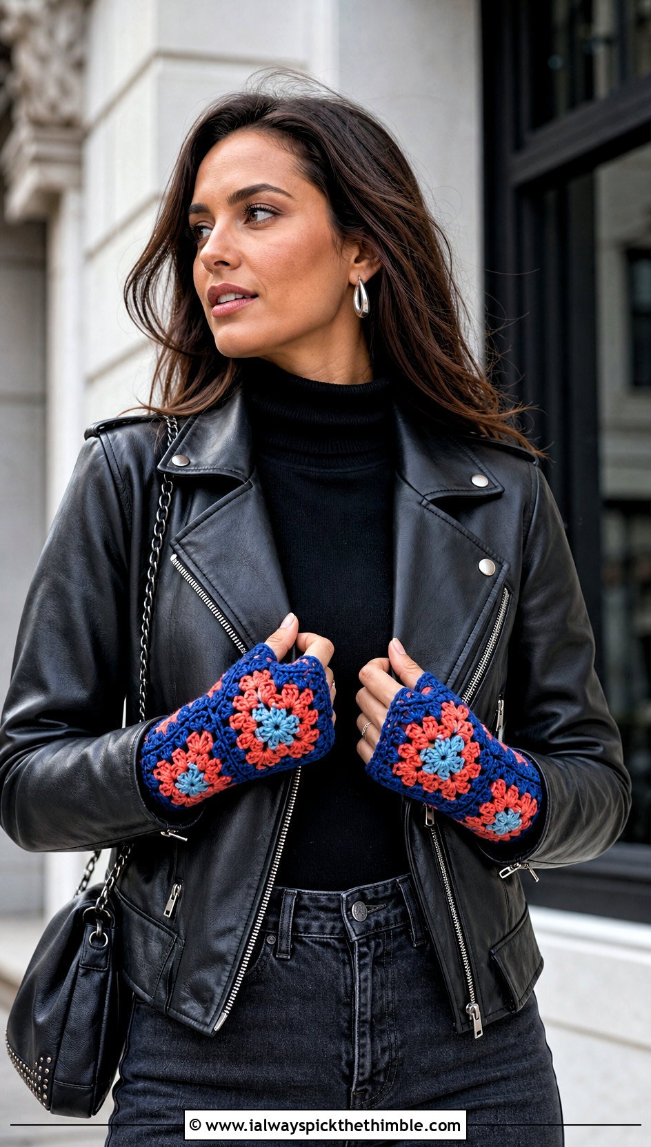 Granny Square Fingerless Crochet Gloves With Leather Jacket - 20 fingerless crochet gloves outfit ideas