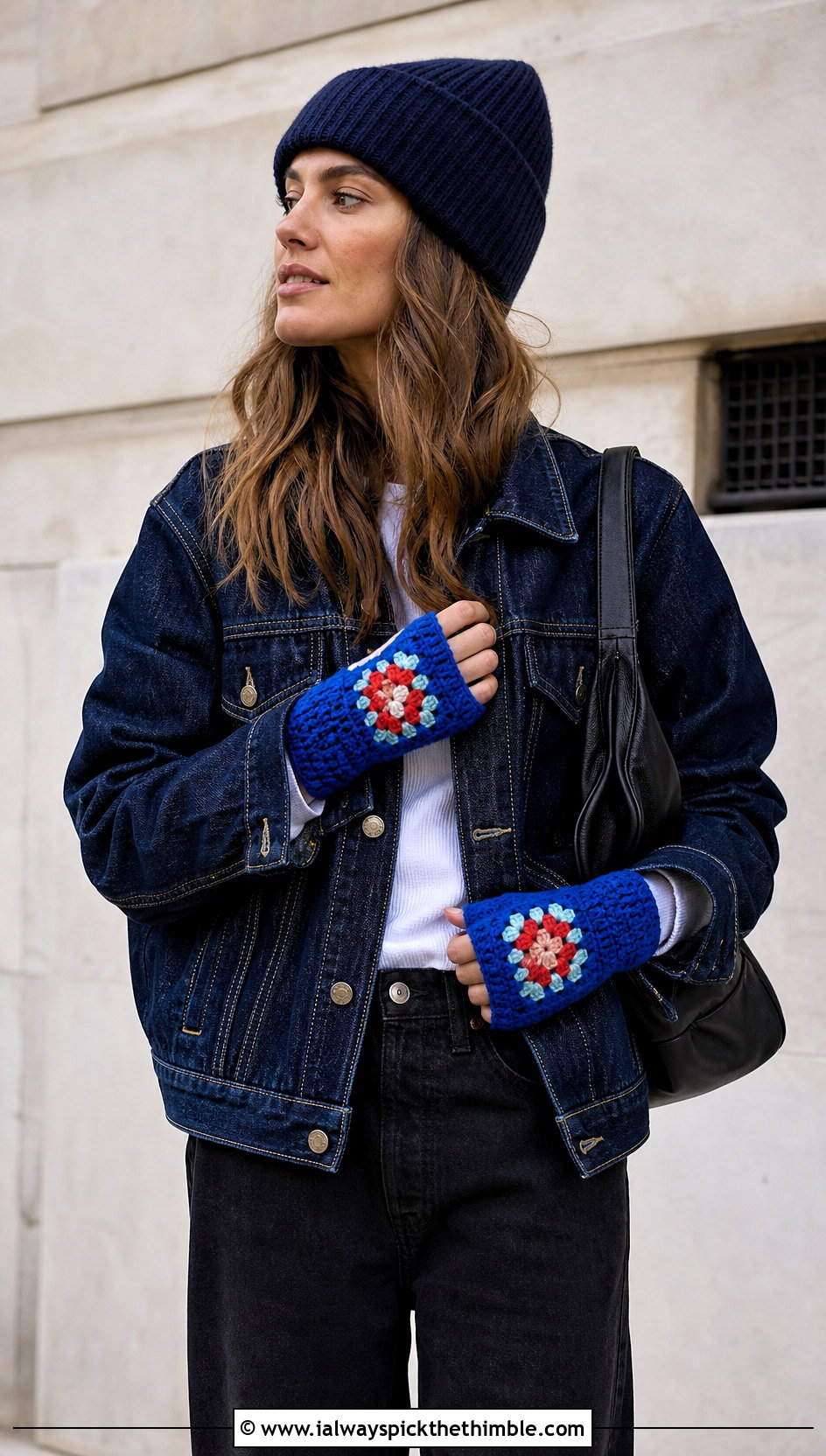 Granny Square Fingerless Crochet Mittens With Denim Jacket - 20 women crochet mittens outfit ideas