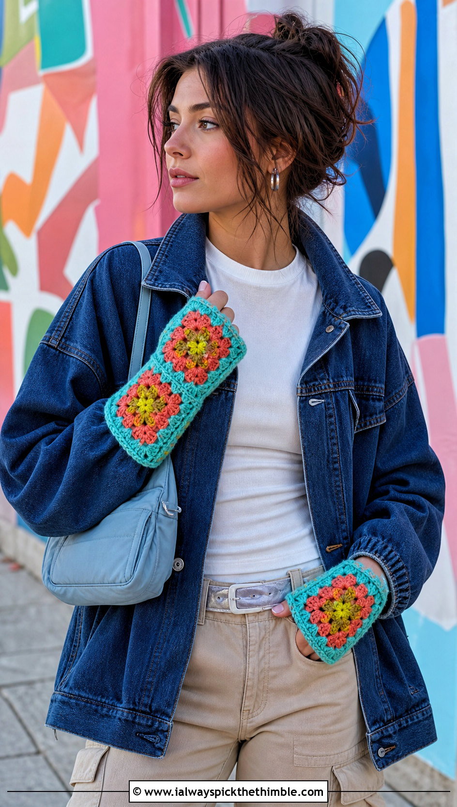 Granny Square Fingerless Gloves With Denim Jacket - 20 Crochet Fingerless Gloves Bulky Yarn outfit ideas