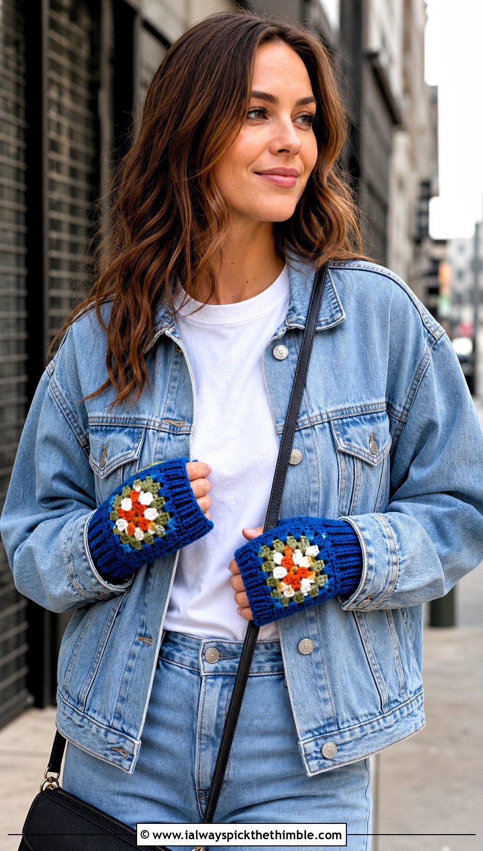 Granny Square Fingerless Gloves With Denim Jacket - 20 crochet glove outfit ideas