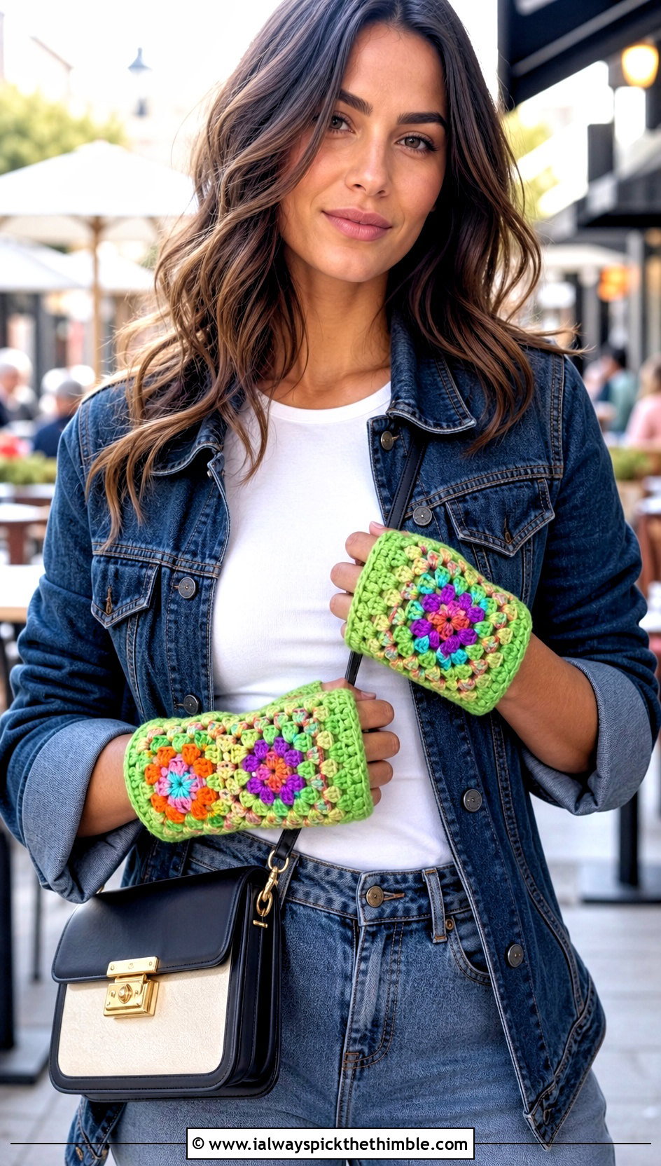 Granny Square Fingerless Gloves With Denim Jacket - 25 crochet gloves outfit ideas