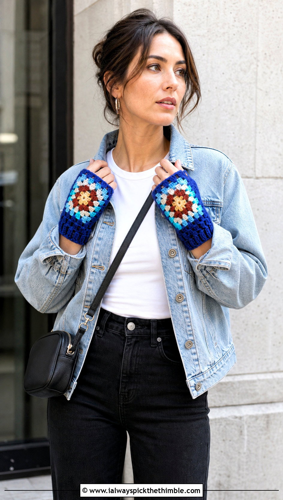 Granny Square Fingerless Gloves With Denim Jacket - 25 crochet hand gloves outfit ideas
