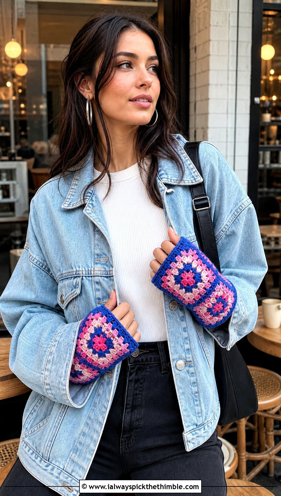 Granny Square Fingerless Gloves With Denim Jacket - 20 aesthetic crochet gloves outfit ideas