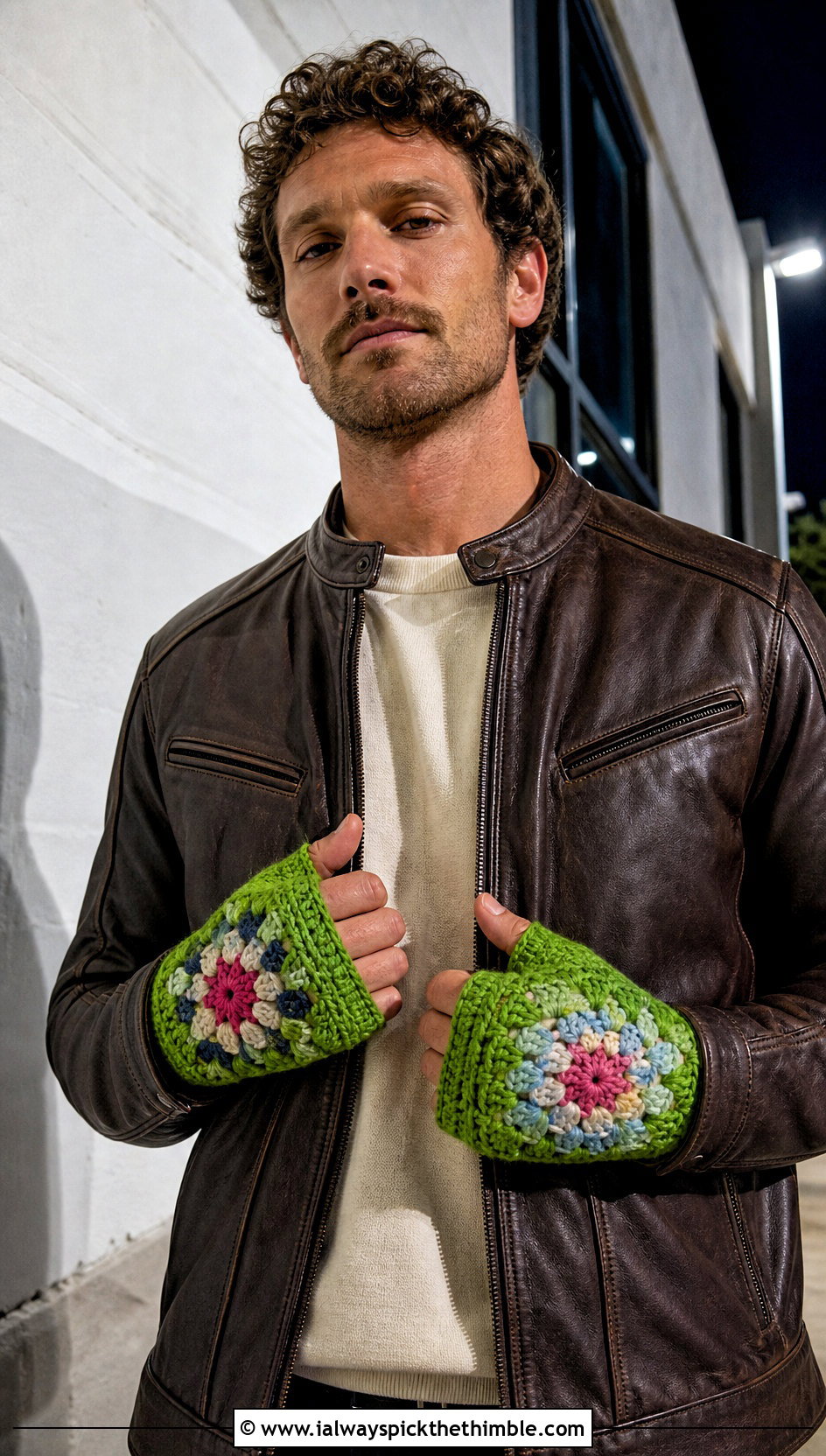 Granny Square Fingerless Gloves With Leather Jacket - 20 Crochet Mens Gloves outfit ideas