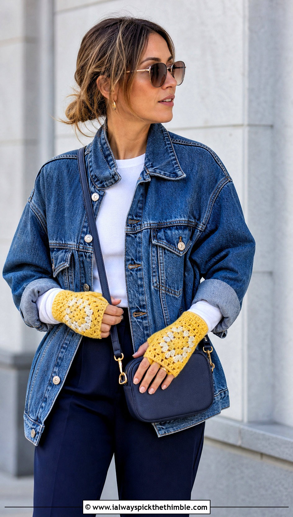 Granny Square Fingerless Mittens With Denim Jacket - 20 cute crochet mittens outfit ideas
