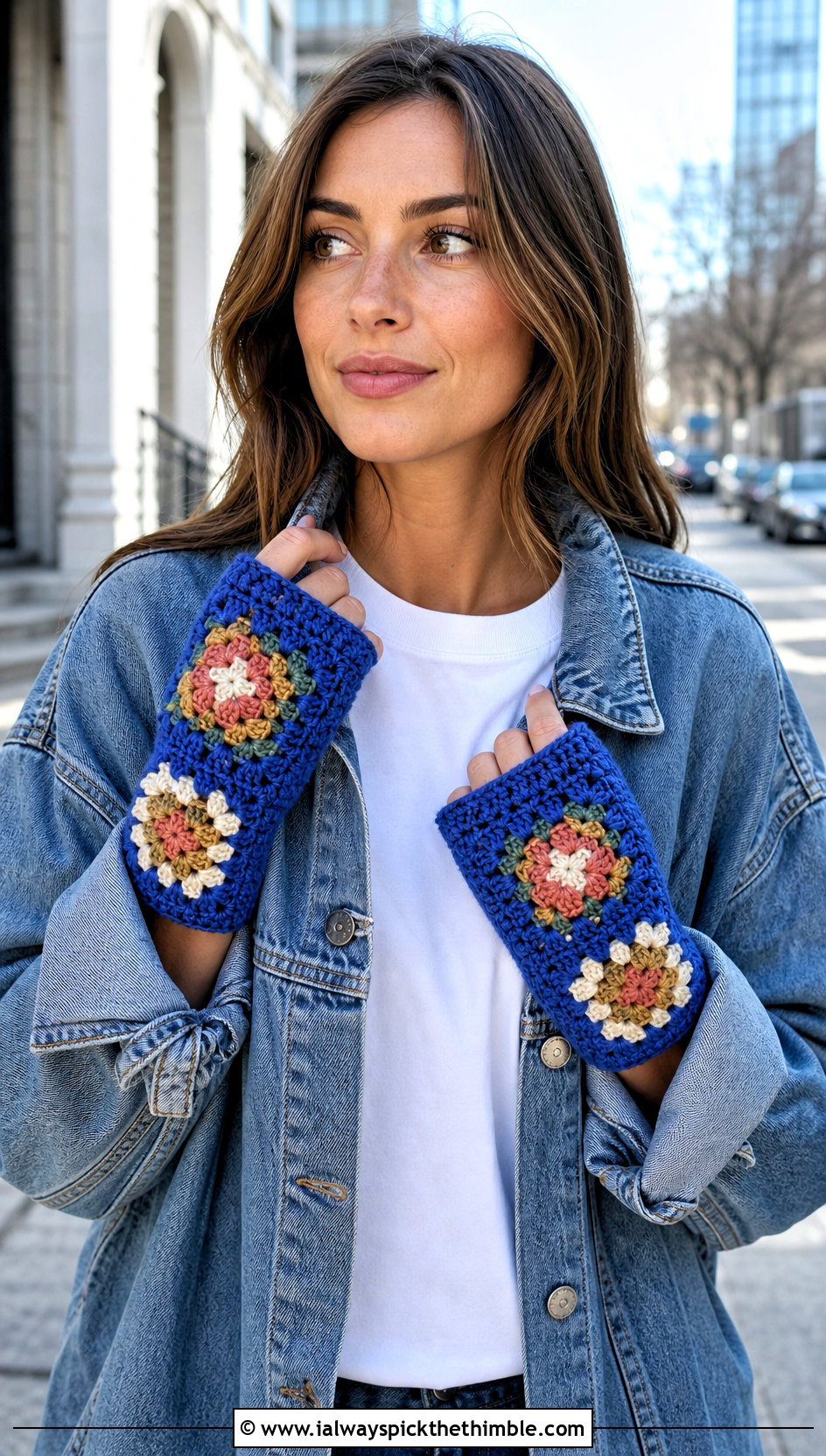 Granny Square Fingerless Mittens With Denim Jacket - 20 crochet hand mittens outfit ideas