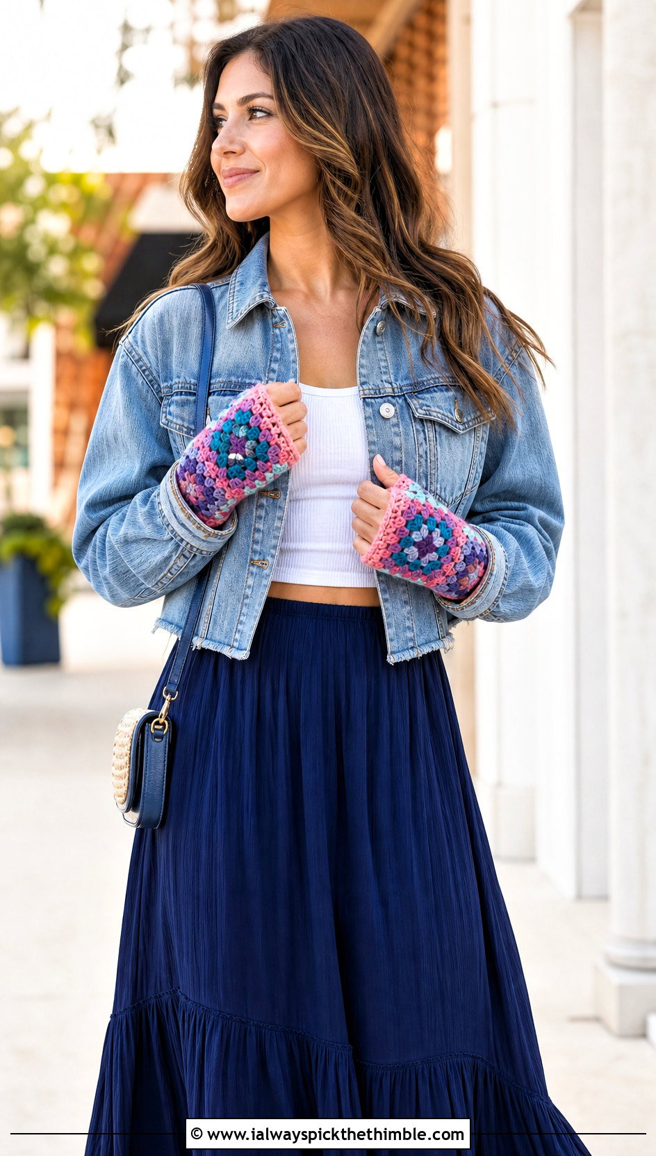 Granny Square Fingerless Mitts With Denim Jacket And Maxi Skirt - 20 Crochet For Fingerless Gloves outfit ideas