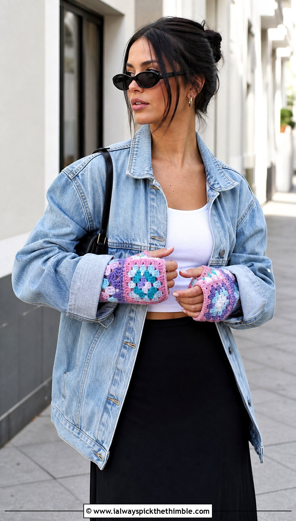 Granny Square Fingerless Mitts With Denim Jacket And Maxi Skirt - 15 Crochet Tipless Gloves outfit ideas