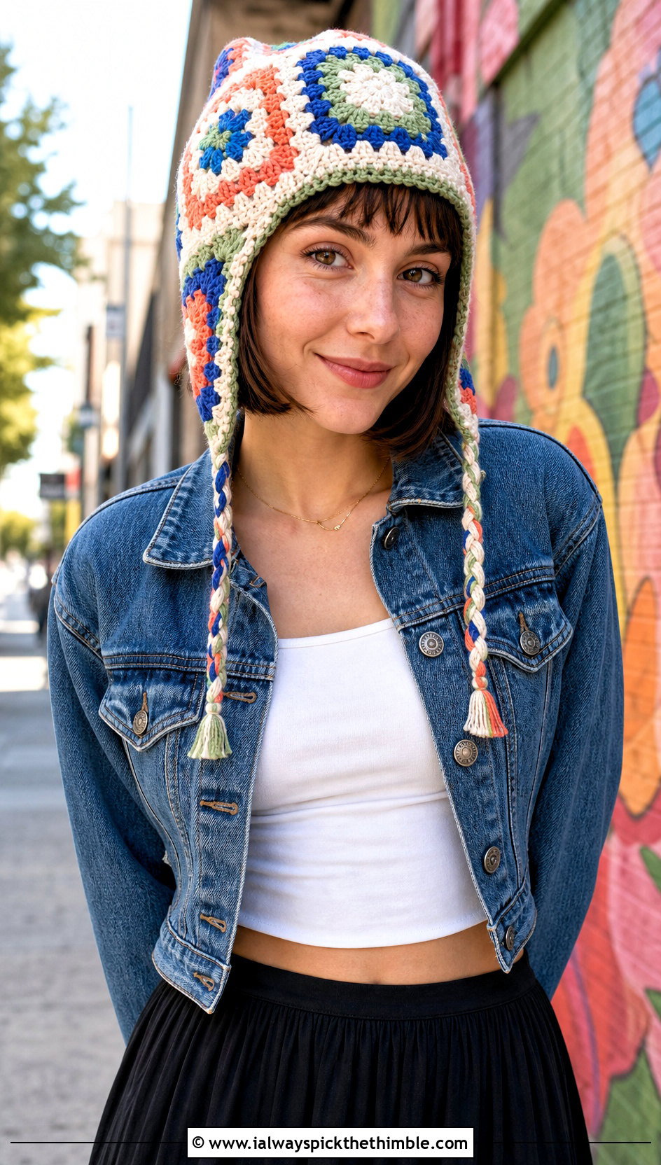 Granny Square Finn Hat With Denim Jacket And Black Midi Skirt - 20 crochet adventure time finn hat outfit ideas