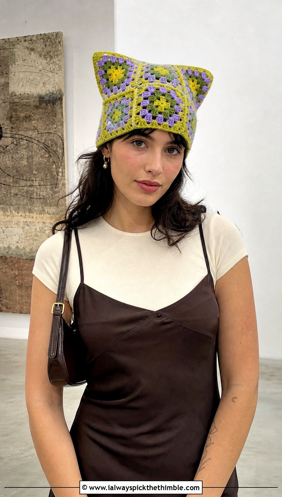 Granny Square Finn Hat With Satin Slip Dress - 25 crochet finn hat outfit ideas