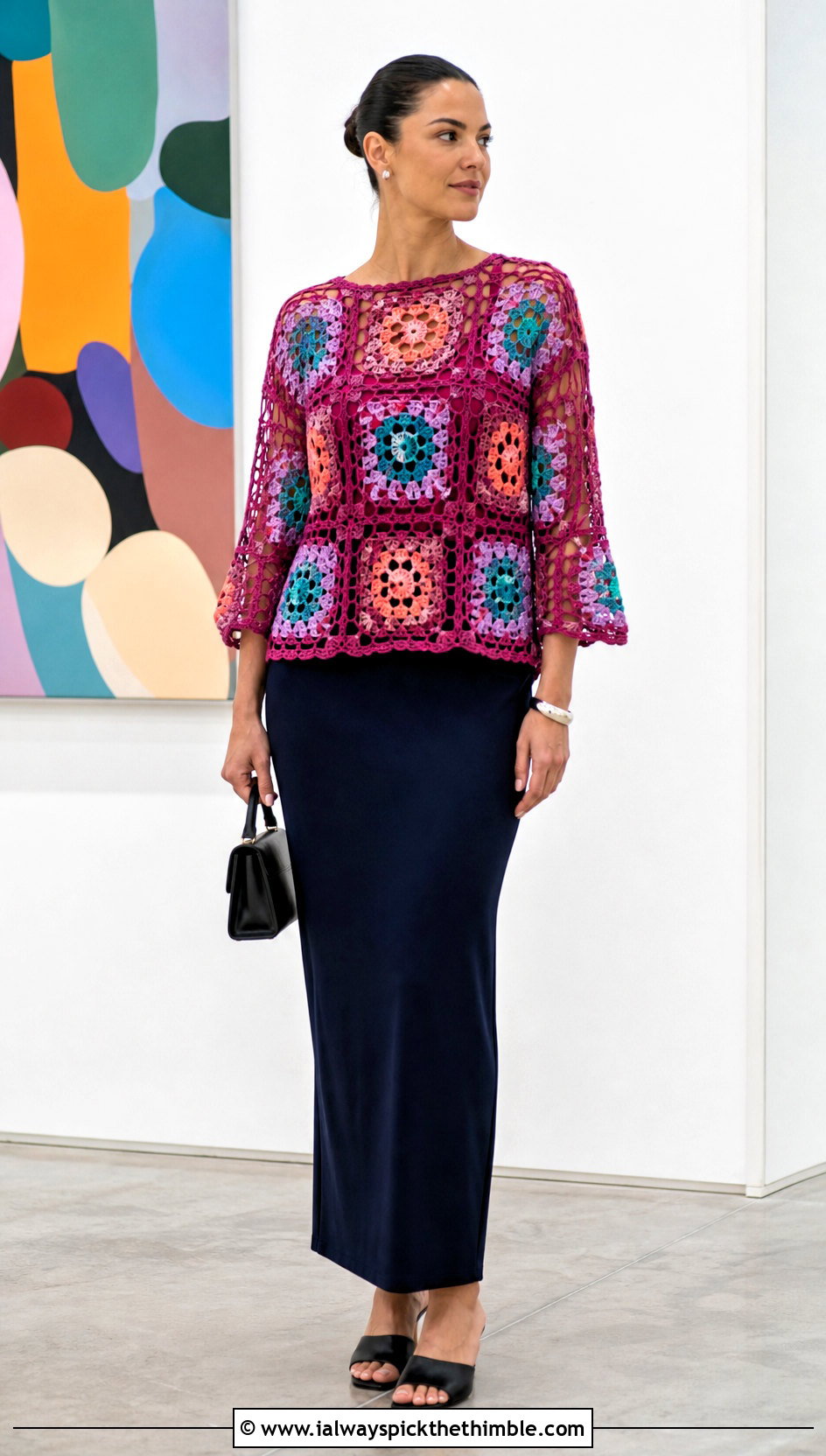 Granny Square Fishnet Crochet Top With Column Skirt - 25 crochet fishnet top outfit ideas