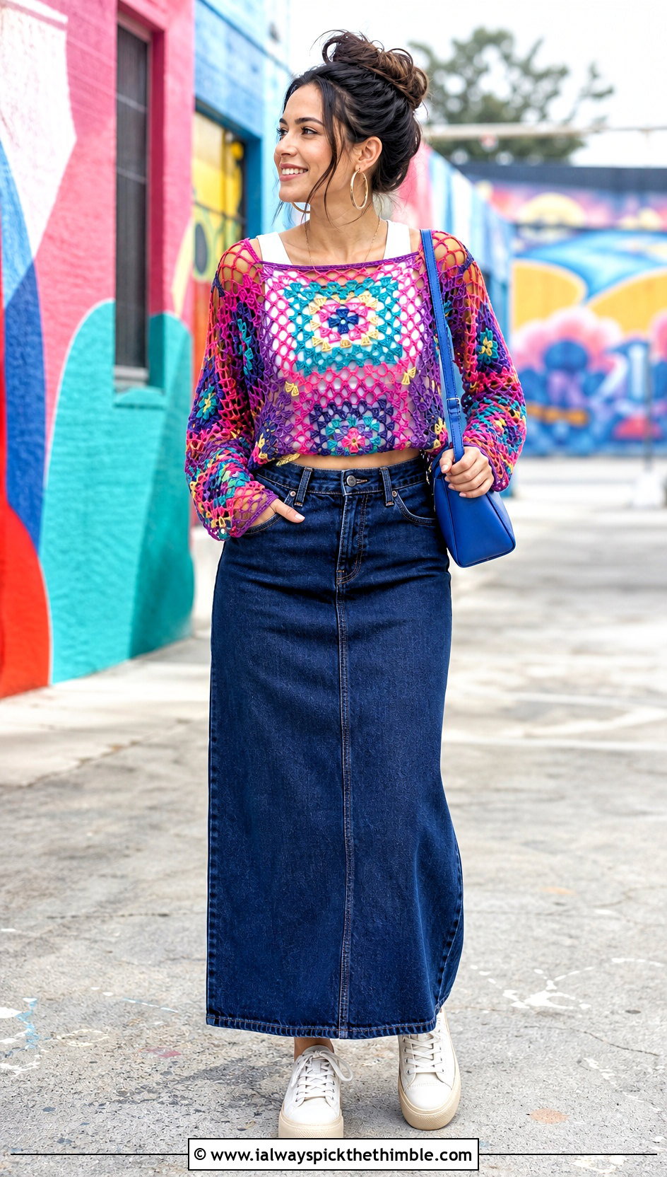 Granny Square Fishnet Crochet Top With Denim Maxi Skirt - 20 Fishnet Crochet Top outfit ideas