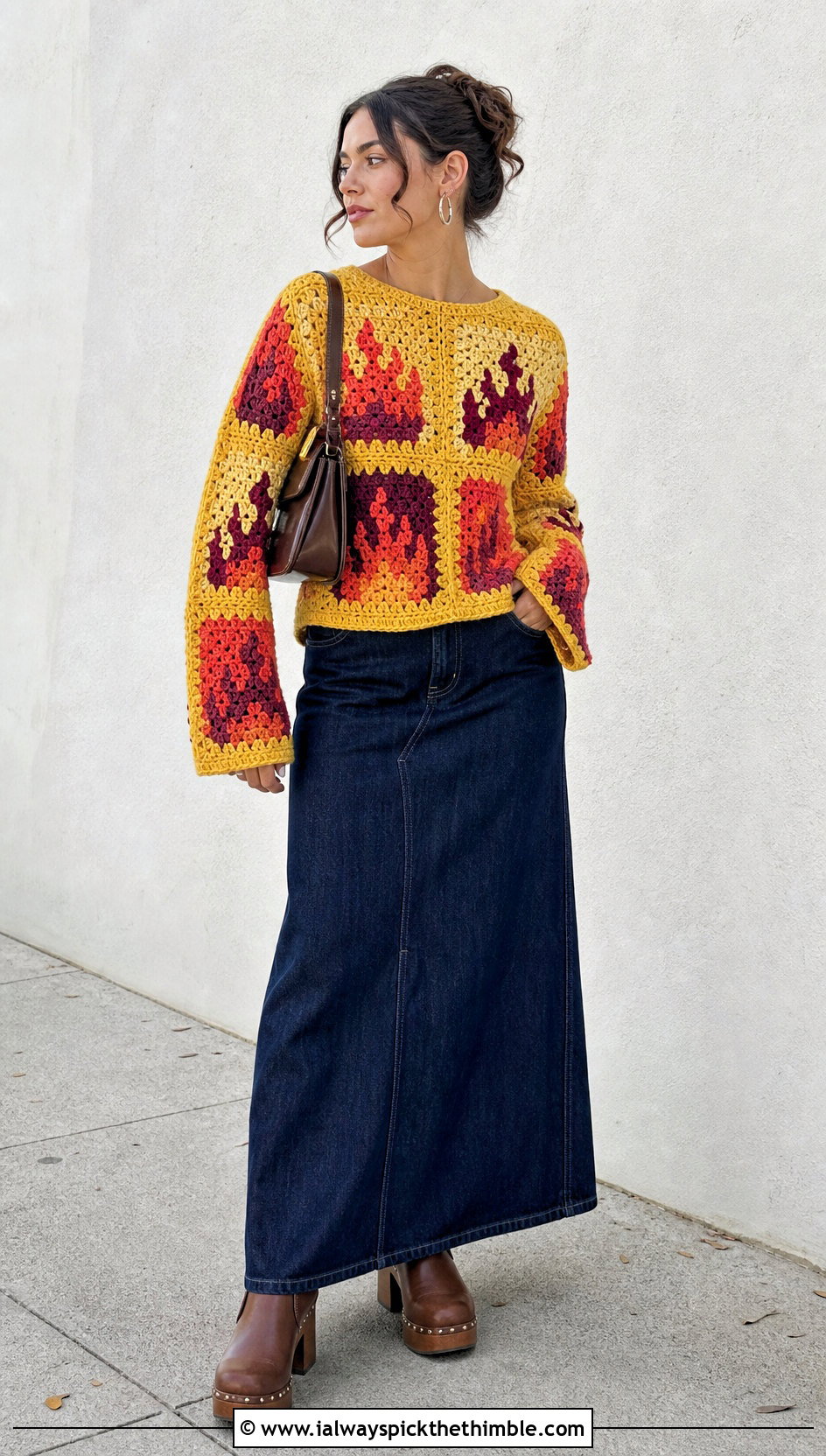 Granny Square Flame Crochet Fire Sweater With Denim Maxi Skirt - 20 Crochet Fire Sweater outfit ideas