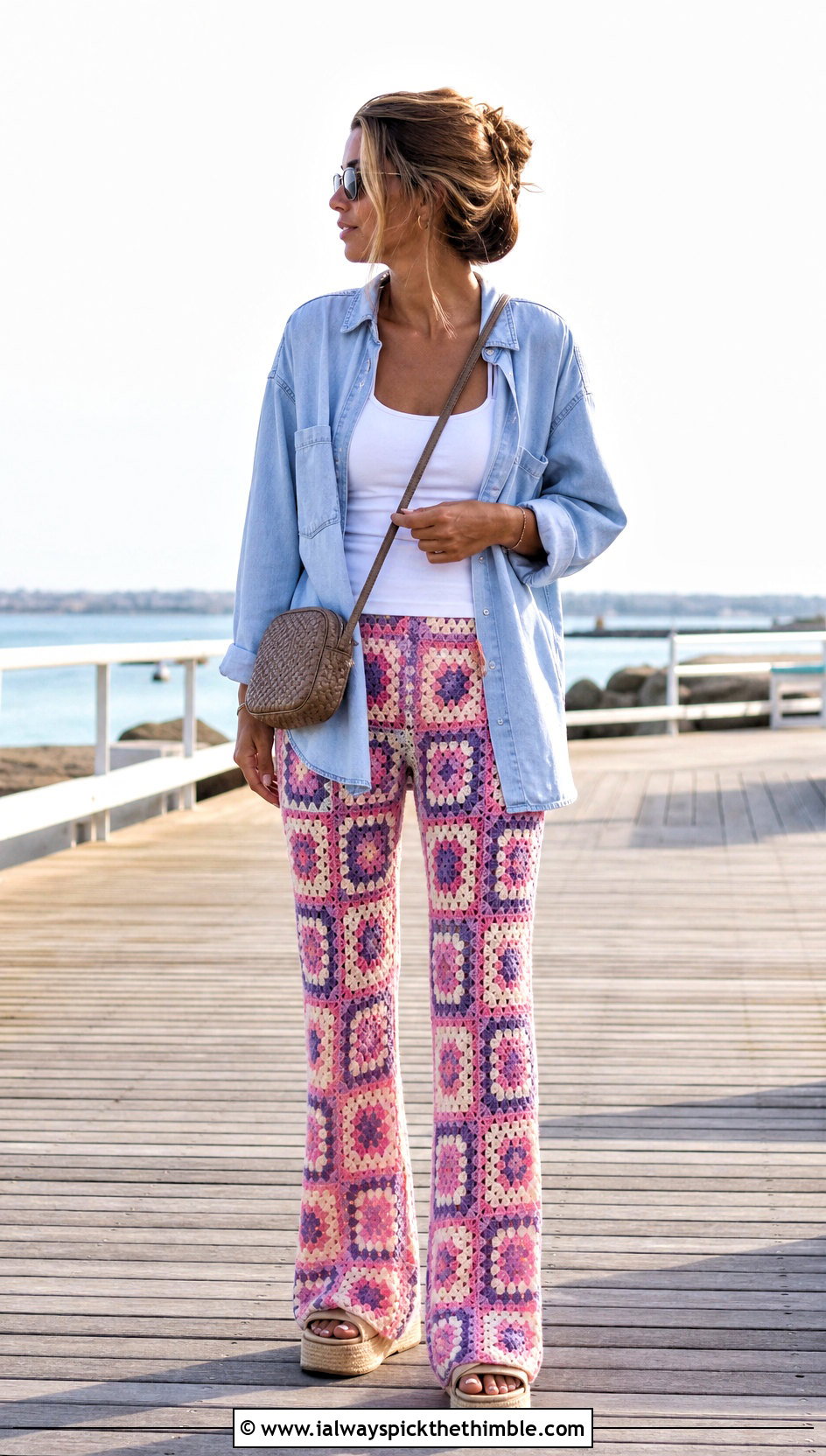 Granny Square Flare Crochet Beach Trousers With Denim Shirt - 20 Crochet Beach Trousers outfit ideas