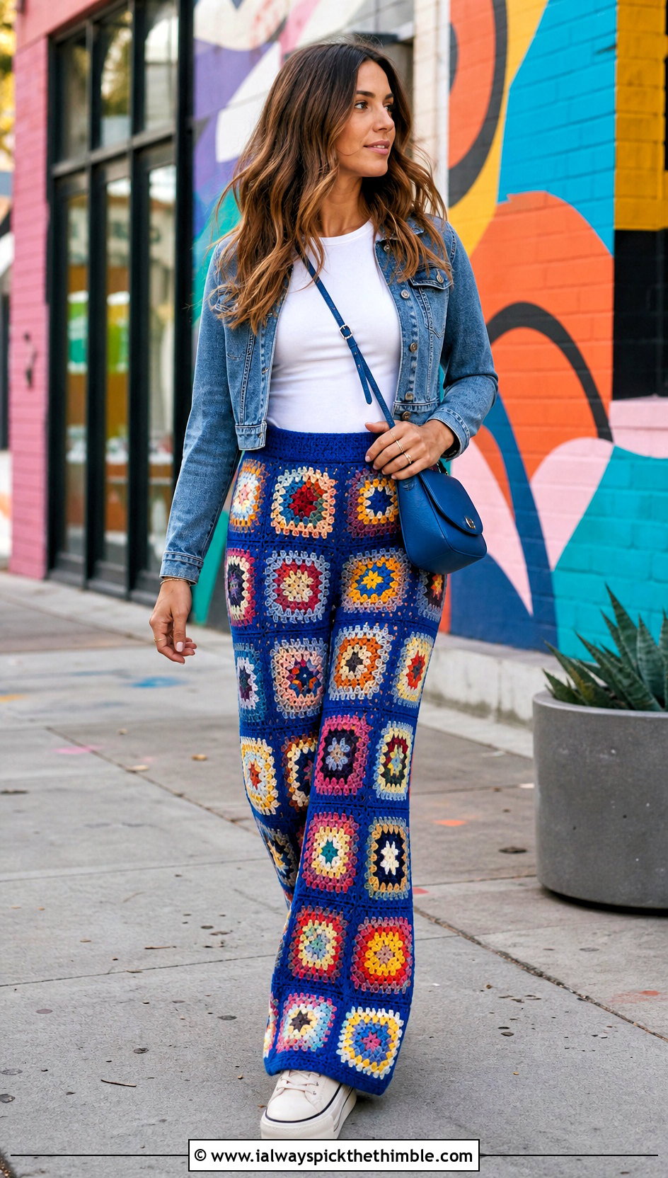 Granny Square Flare Crochet Pants With Denim Jacket - 20 Crochet Pant Outfit ideas