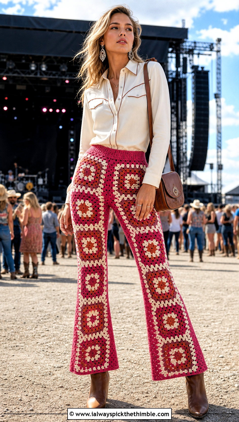 Granny Square Flare Pants With Western Shirt - 25 crochet granny square pants outfit ideas