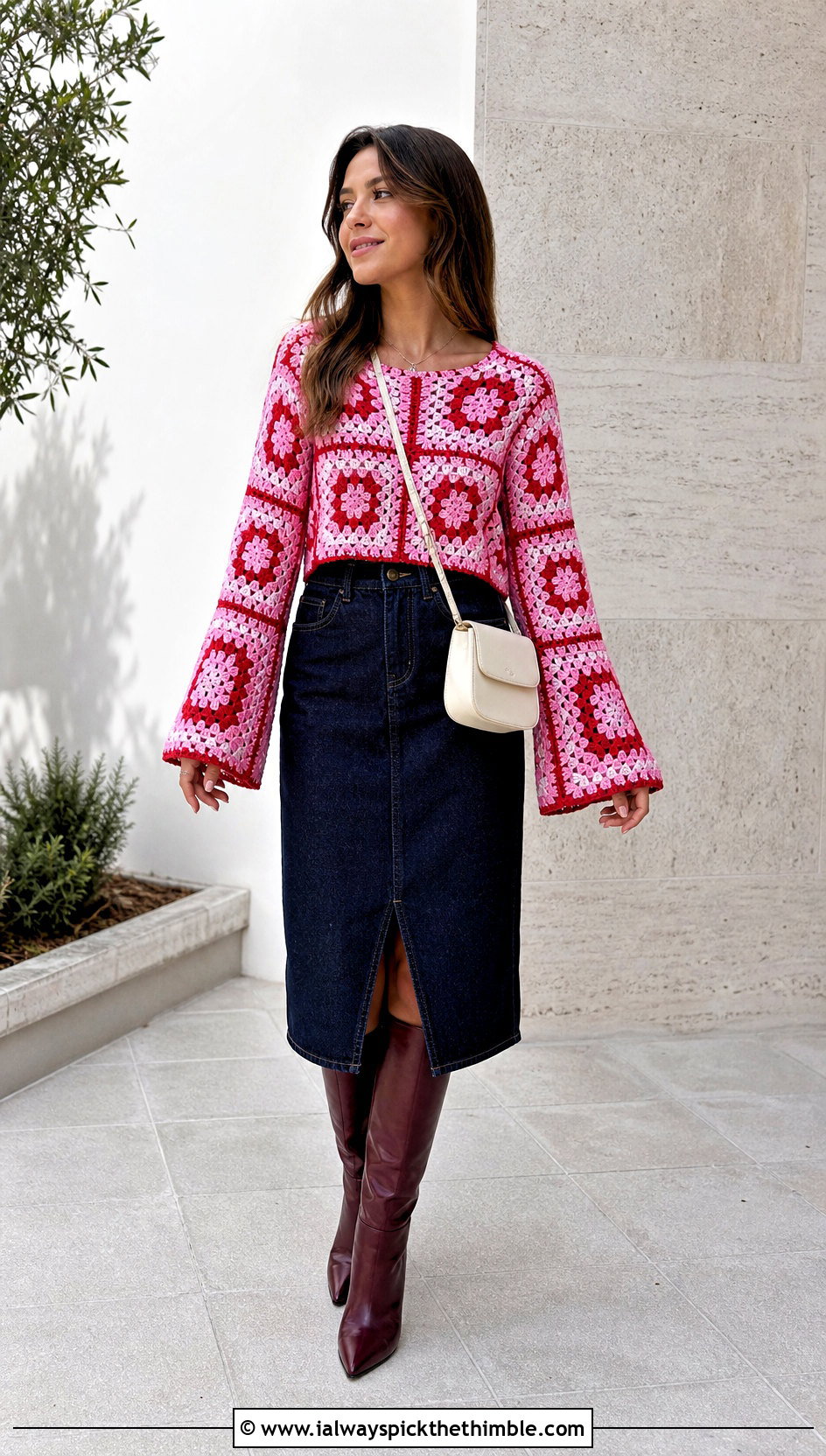 Granny Square Flare Sleeve Crochet Top With Denim Skirt - 20 Crochet Top With Flare Sleeves outfit ideas
