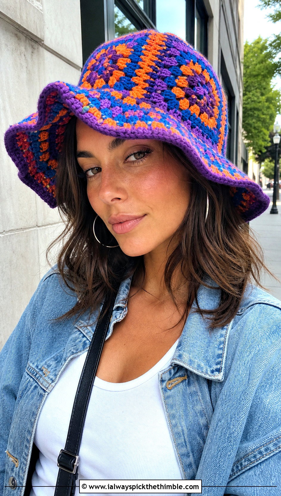 Granny Square Floppy Crochet Hat With Denim Jacket - 20 floppy crochet hat outfit ideas