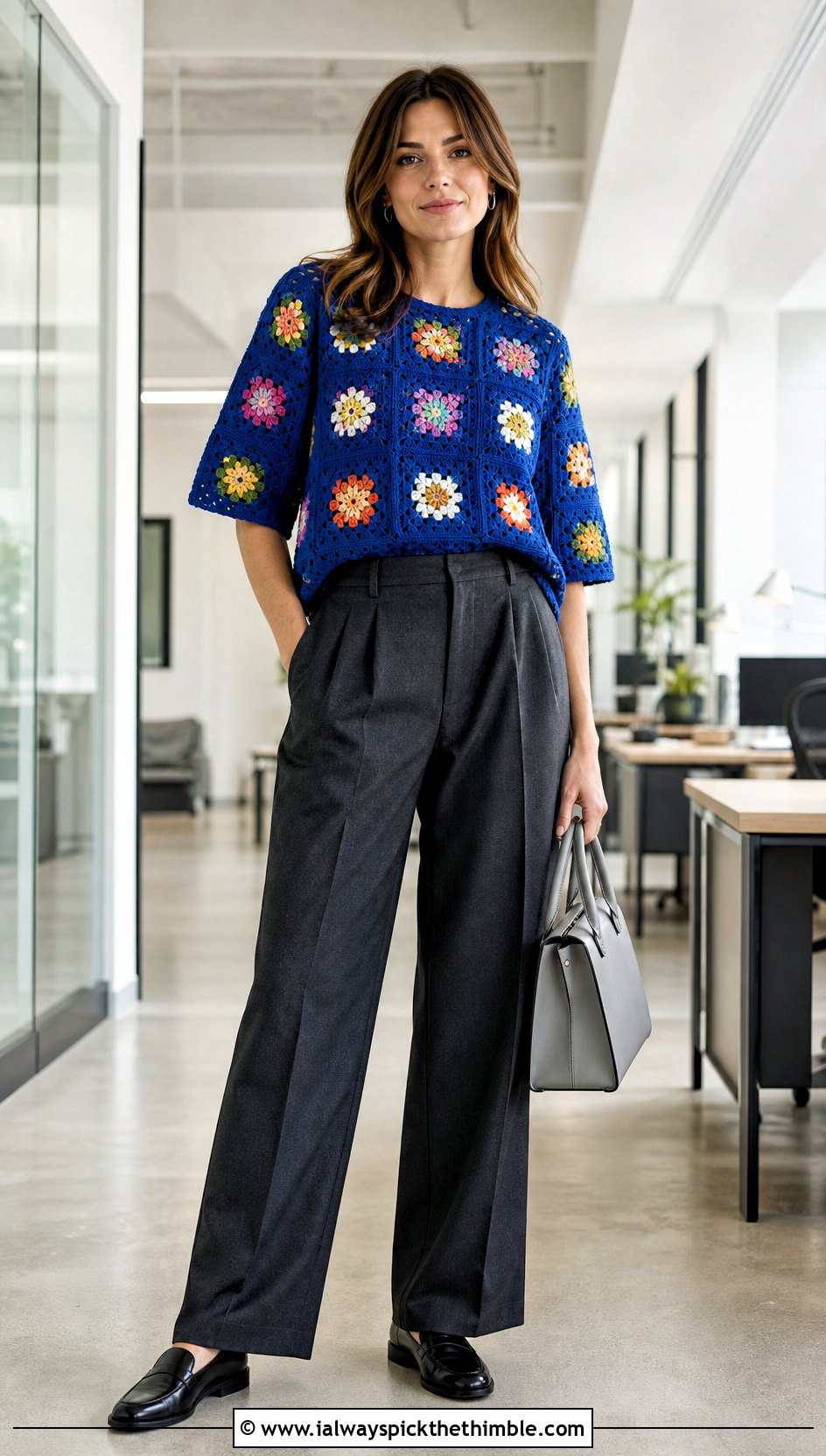 Granny Square Floral Crochet Blouse With Tailored Trousers - 15 floral crochet blouse style outfit ideas
