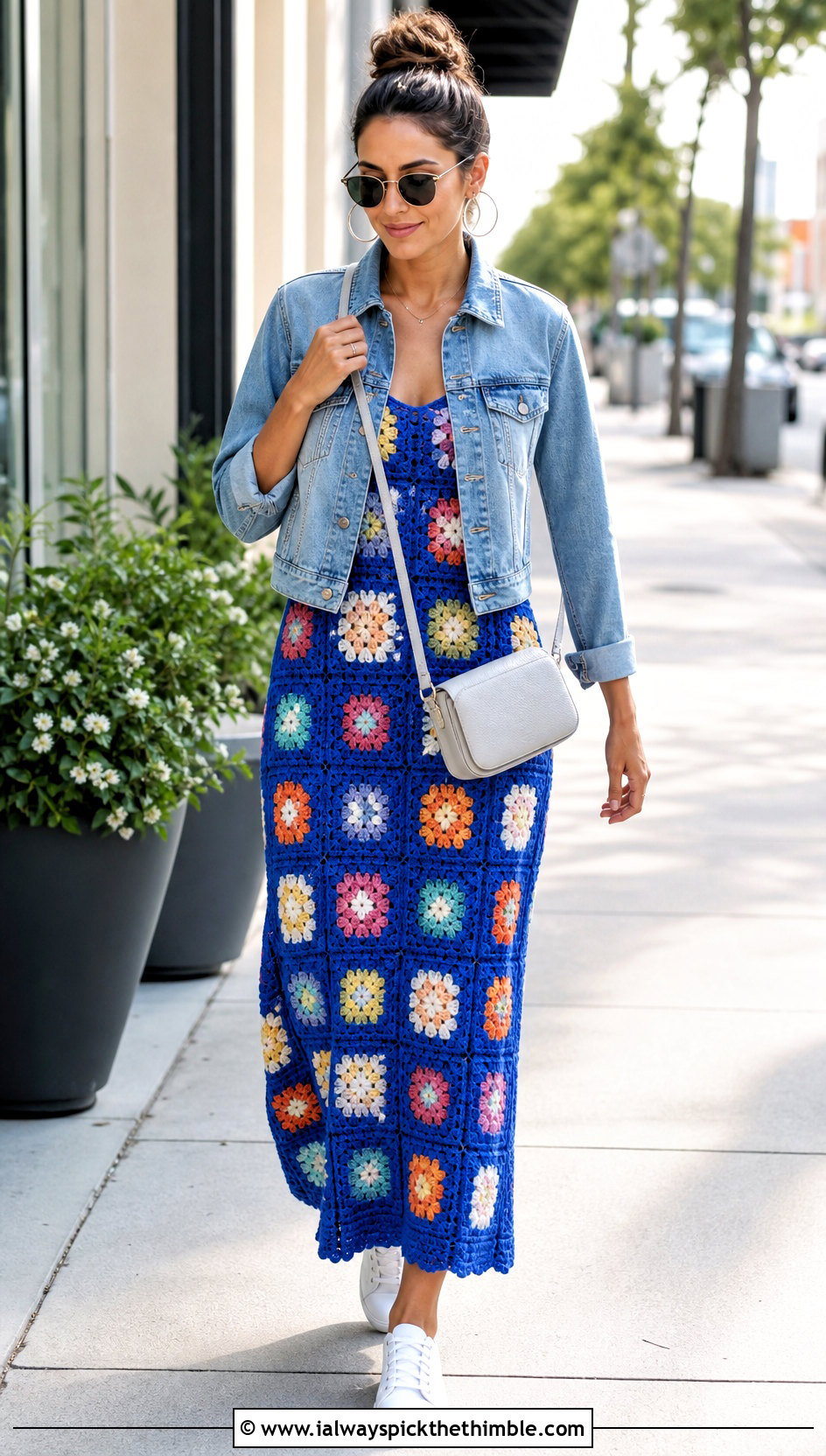 Granny Square Floral Crochet Maxi Dress With Denim Jacket - 15 floral crochet maxi dress outfit ideas