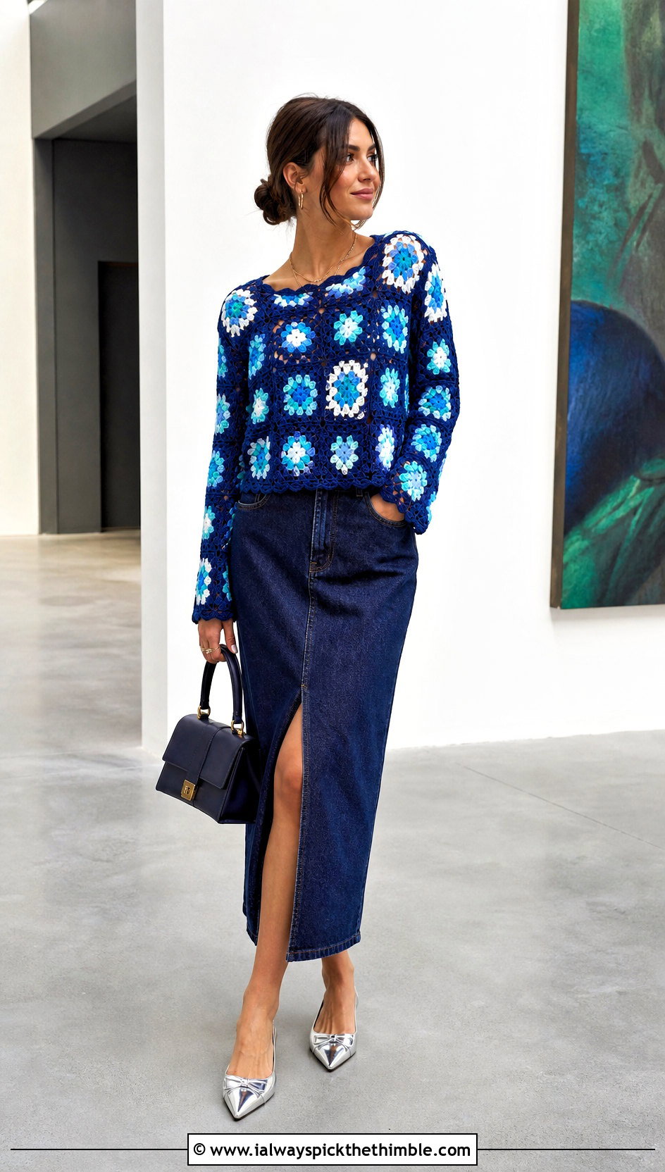 Granny Square Flower Long Sleeve Top With Denim Midi Skirt - 20 Crochet Flower Top Long Sleeve outfit ideas
