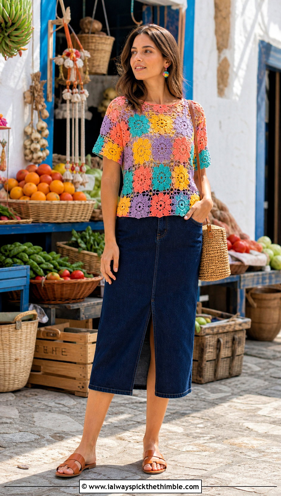 Granny Square Flower Mesh Crochet Top With Denim Skirt - 20 mesh flower crochet top outfit ideas