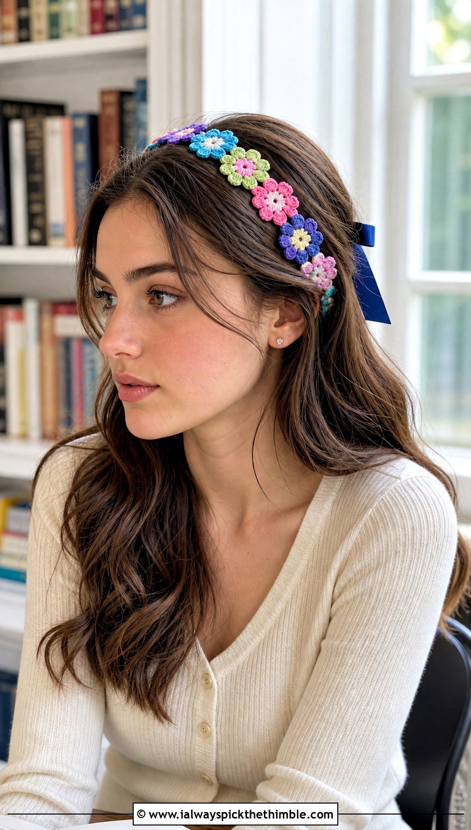 Granny Square Flower Ribbon Crochet Headband With Cardigan - 15 crochet headband with flower and ribbon outfit ideas