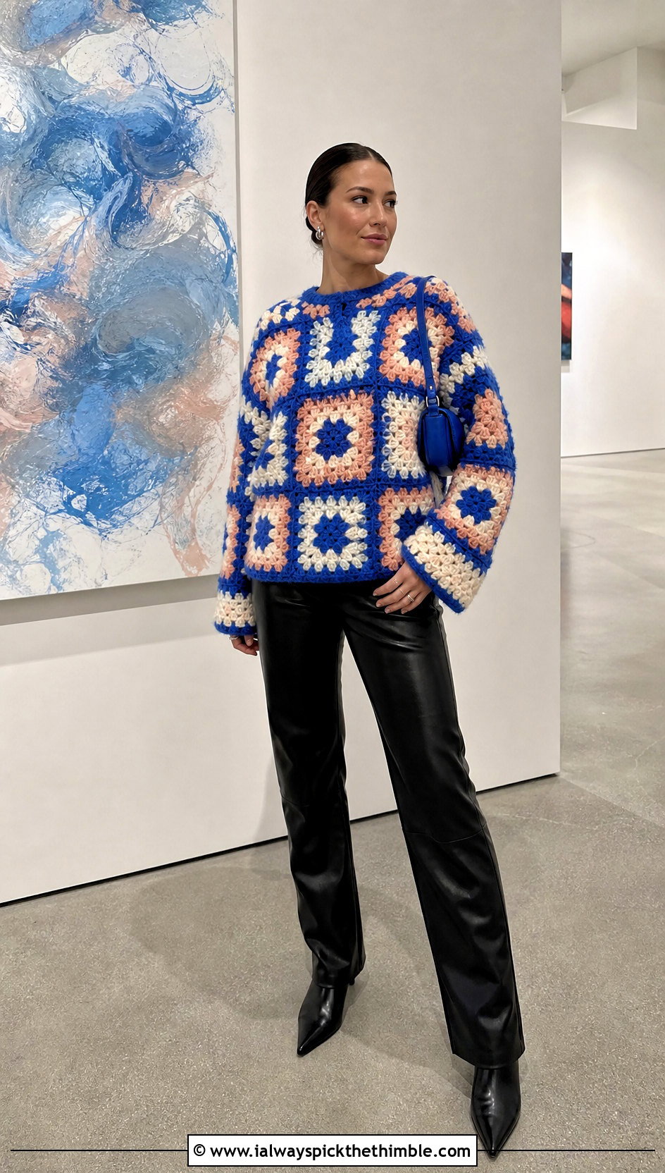 Granny Square Fluffy Crochet Sweater With Leather Pants - 25 fluffy crochet sweater outfit ideas