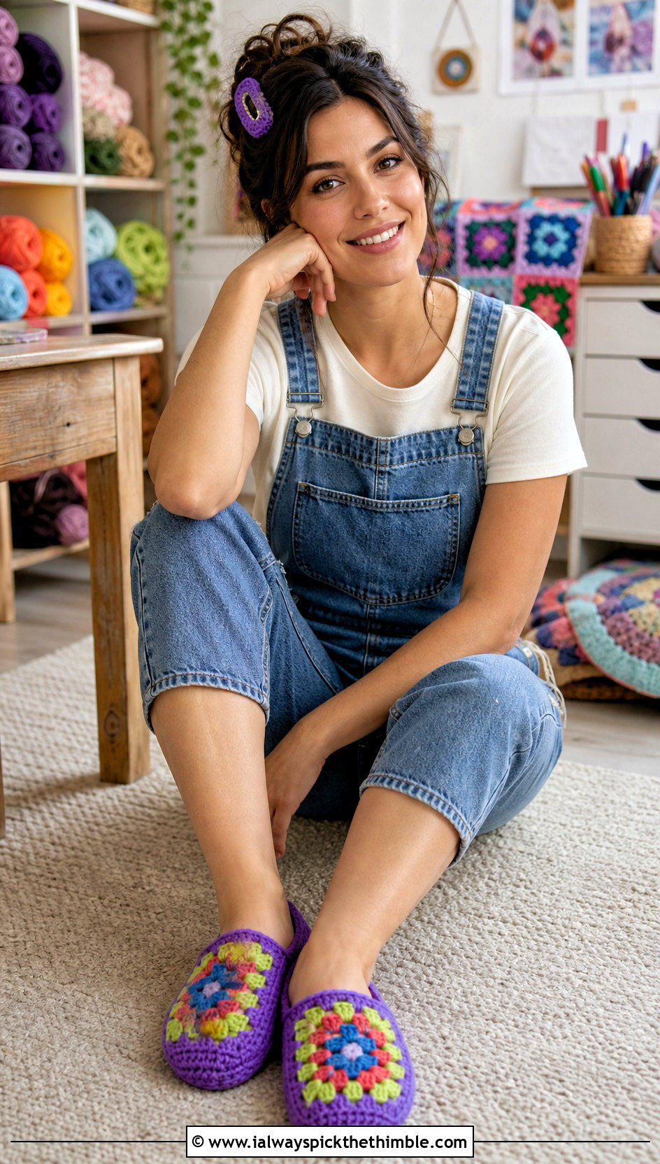 Granny Square Folded Crochet Slippers With Overalls - 20 Folded Crochet Slippers outfit ideas