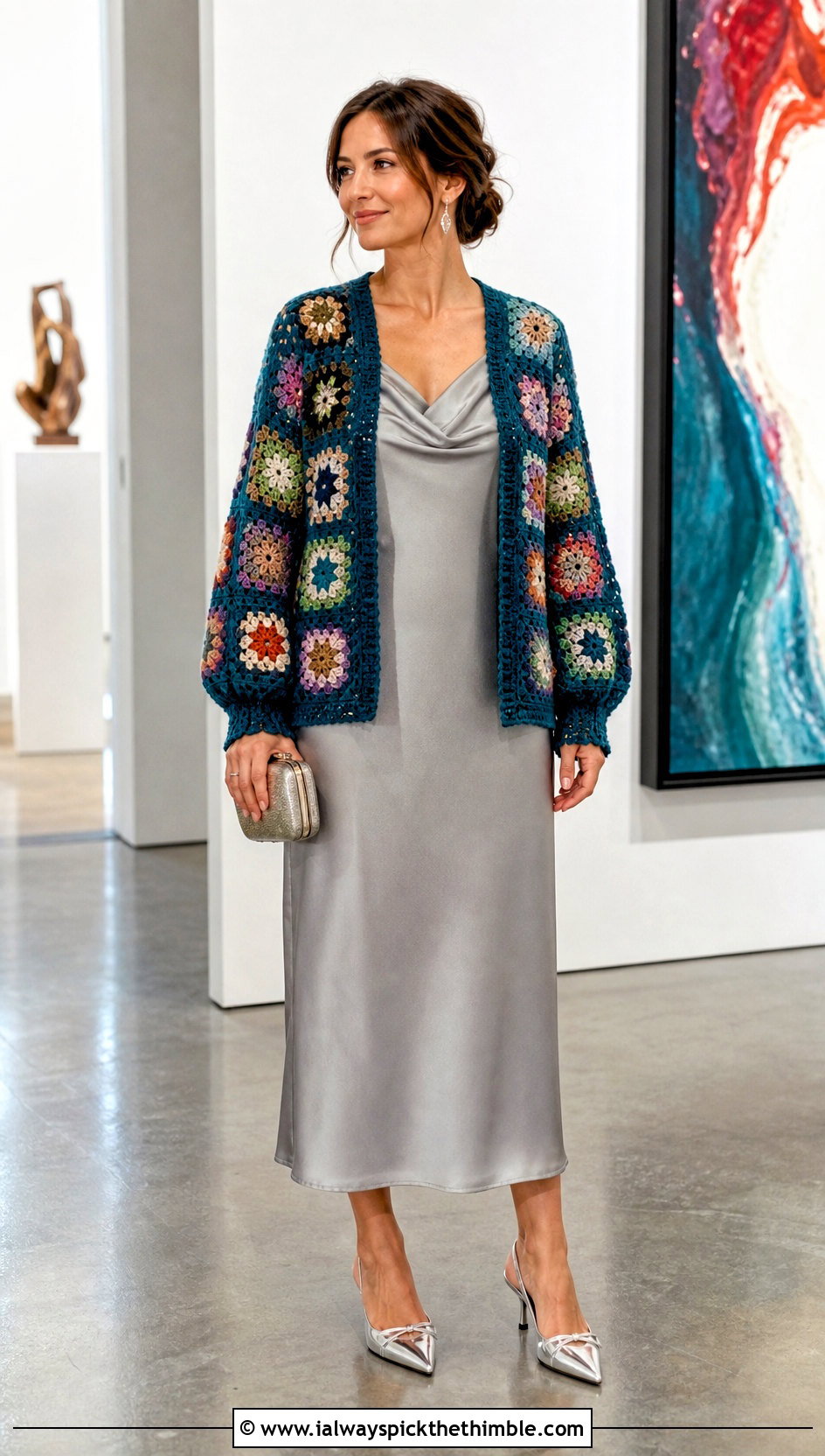 Granny Square Folklore Crochet Cardigan With Satin Slip Dress - 20 folklore crochet cardigan outfit ideas