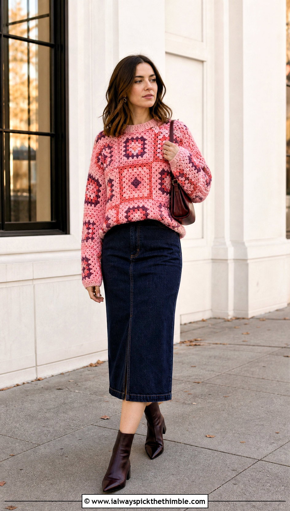Granny Square Geometric Sweater With Denim Midi Skirt - 15 crochet sweater with geometric outfit ideas
