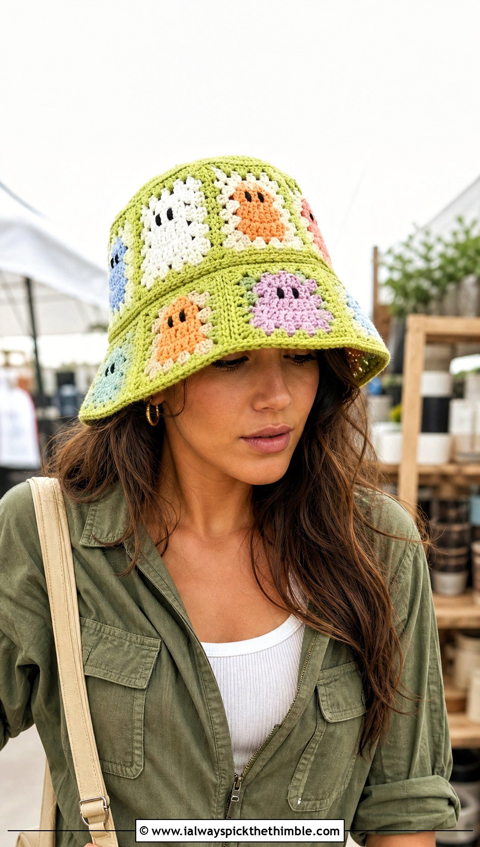 Granny Square Ghost Bucket Hat With Utility Jumpsuit - 20 Ghost Crochet Hat outfit ideas