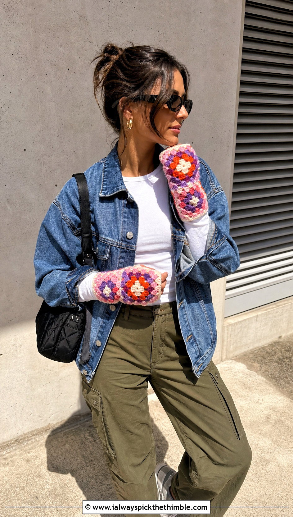 Granny Square Glittens With Denim Jacket And Cargo Pants - 20 Crochet Convertible Mittens outfit ideas