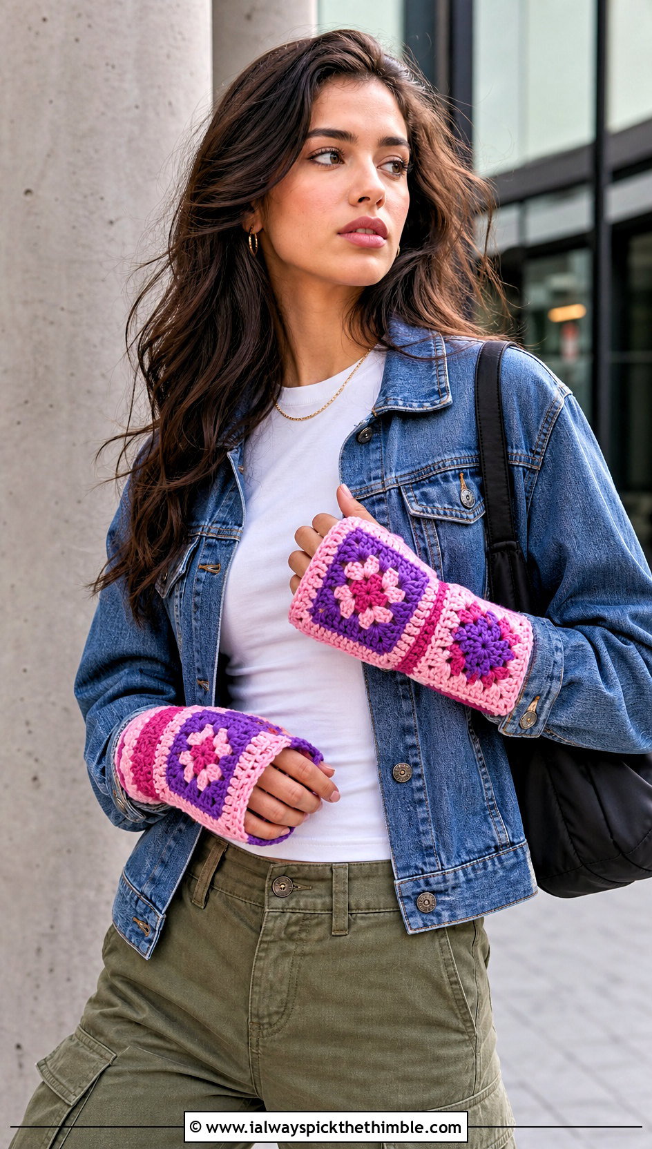 Granny Square Glittens With Denim Jacket and Cargo Pants - 20 Convertible Crochet Gloves outfit ideas