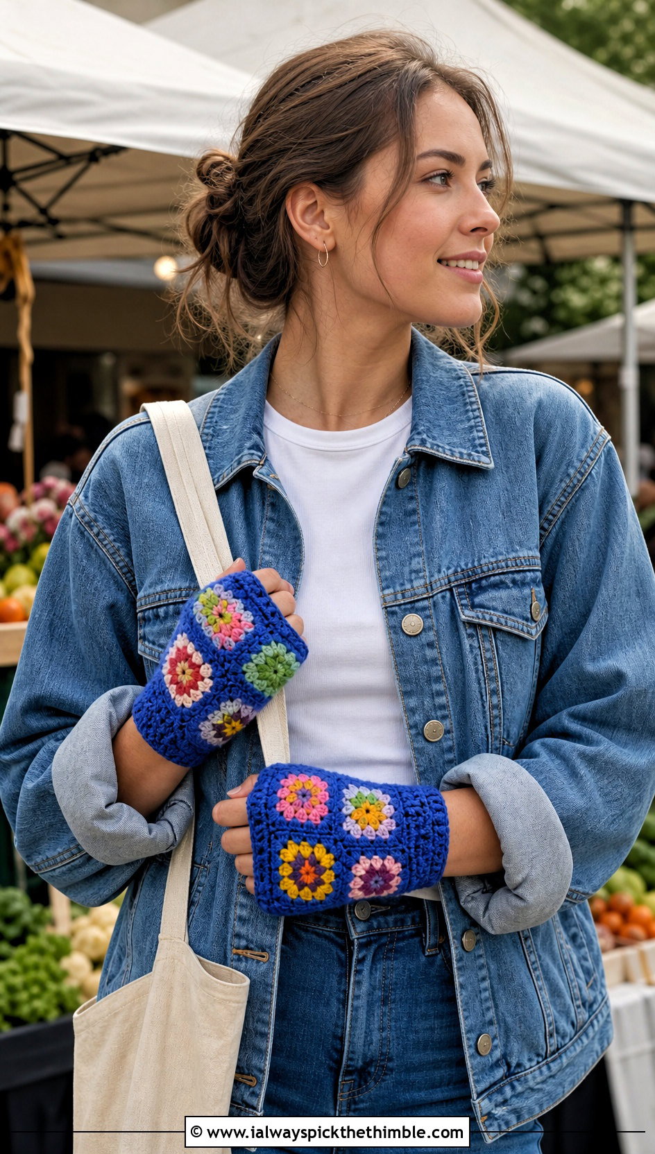 Granny Square Gloves With Denim Jacket - 20 crocheted gloves outfit ideas