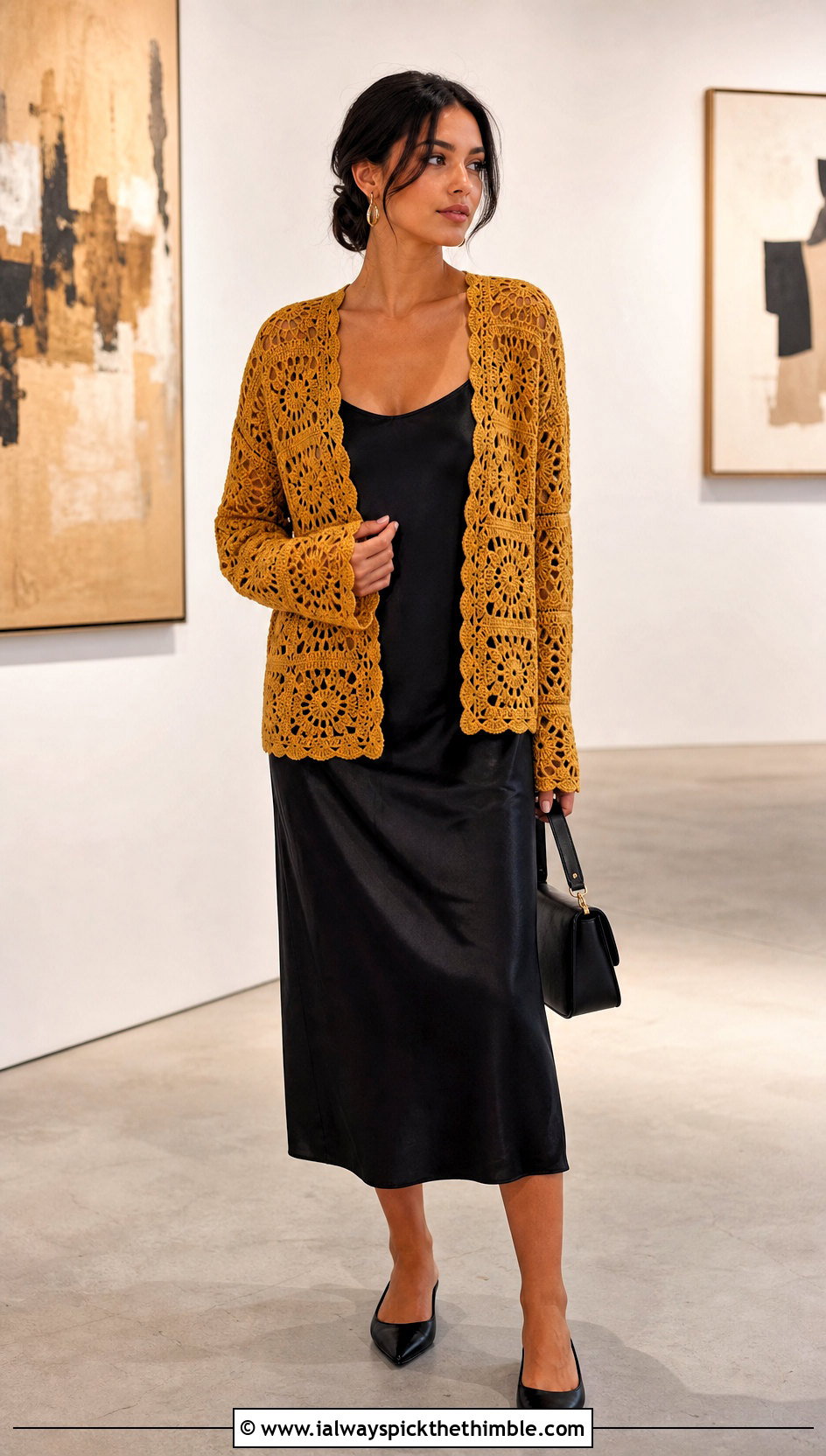 Granny Square Gold Crochet Cardigan With Black Slip Dress - 15 gold crochet cardigan outfit ideas