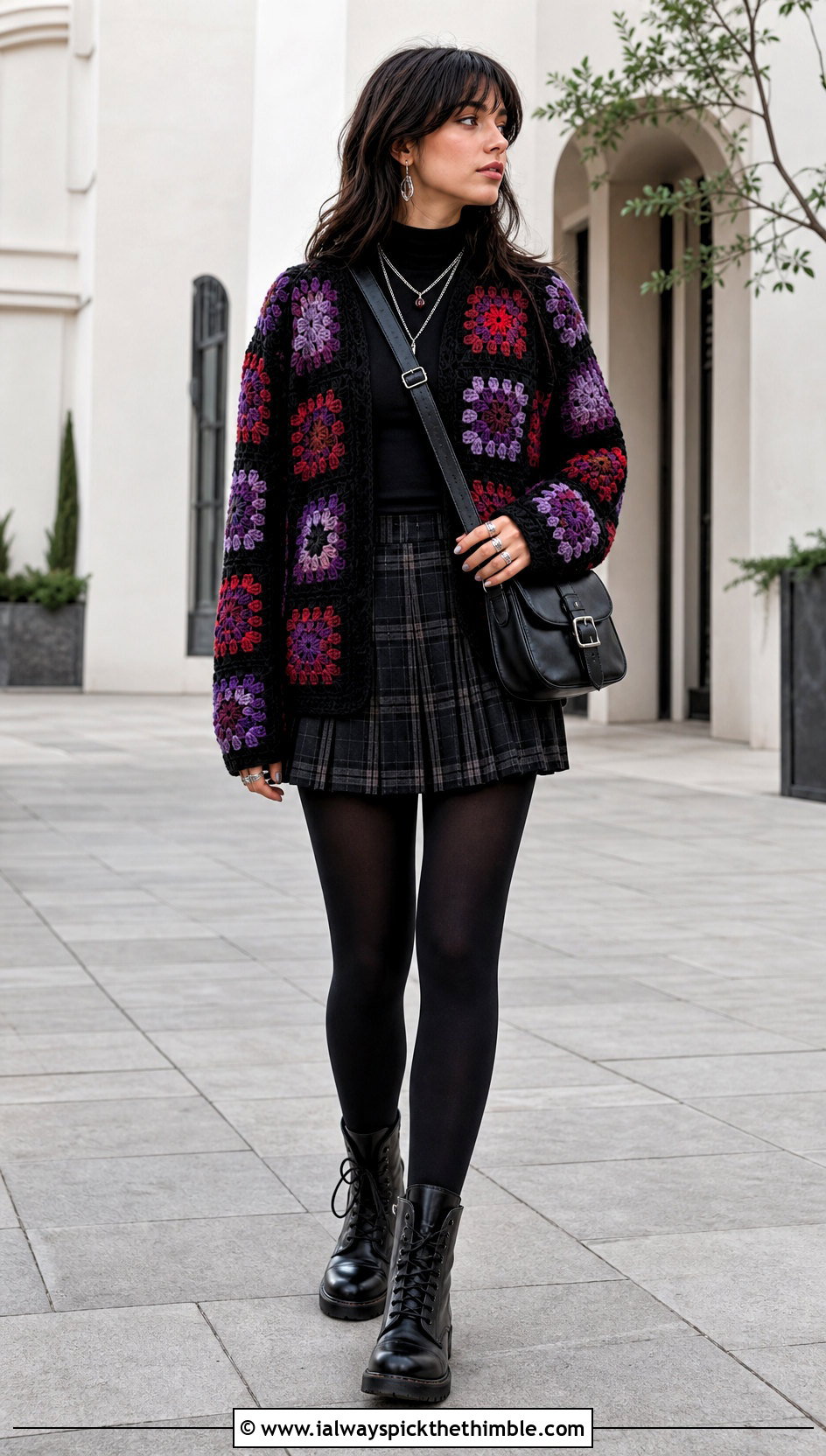 Granny Square Goth Crochet Cardigan With Plaid Skirt - 15 goth crochet cardigan outfit ideas