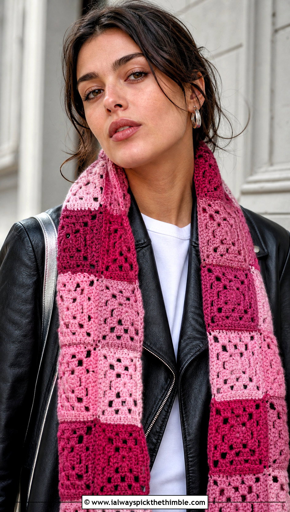Granny Square Gradient Crochet Scarf With Leather Jacket - 20 gradient crochet scarf outfit ideas