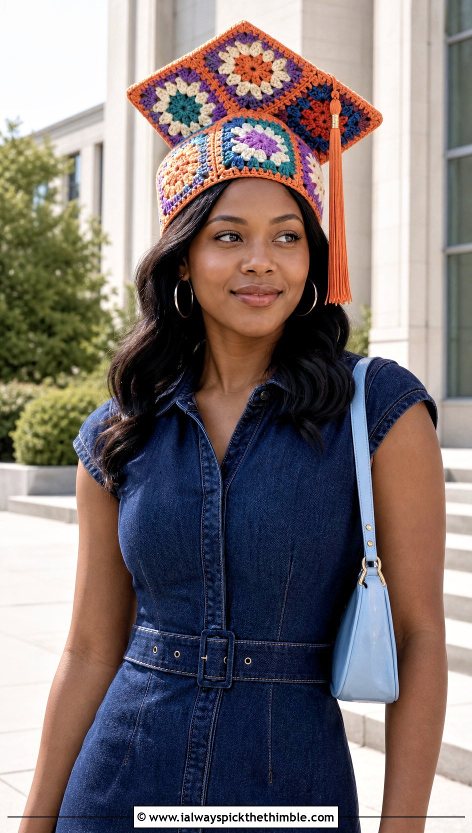 Granny Square Graduation Cap With Denim Dress - 25 crochet graduation cap outfit ideas