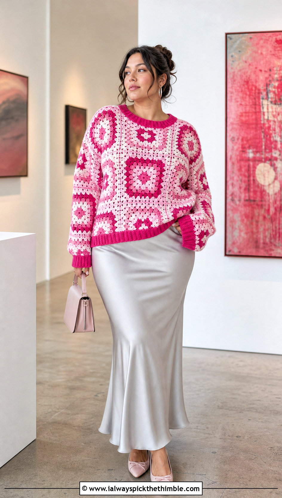 Granny Square Grandpa Crochet Sweater With Satin Slip Skirt - 15 Grandpa Crochet Sweater outfit ideas