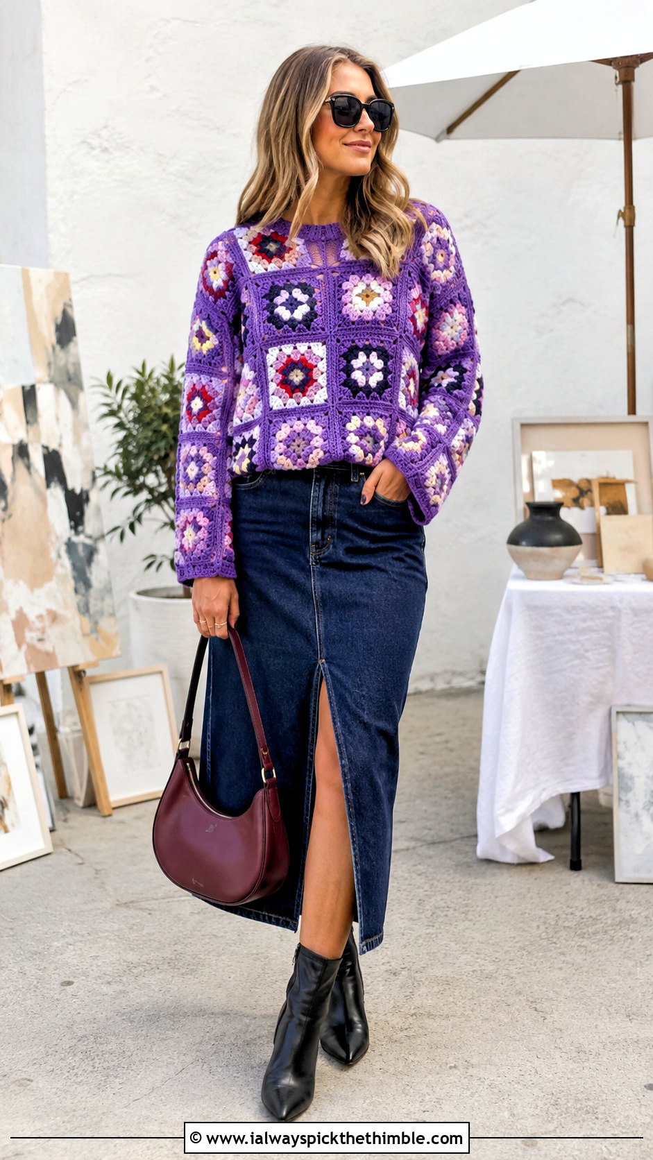 Granny Square Graphic Crochet Sweater With Denim Midi Skirt - 20 crochet graphic sweater outfit ideas