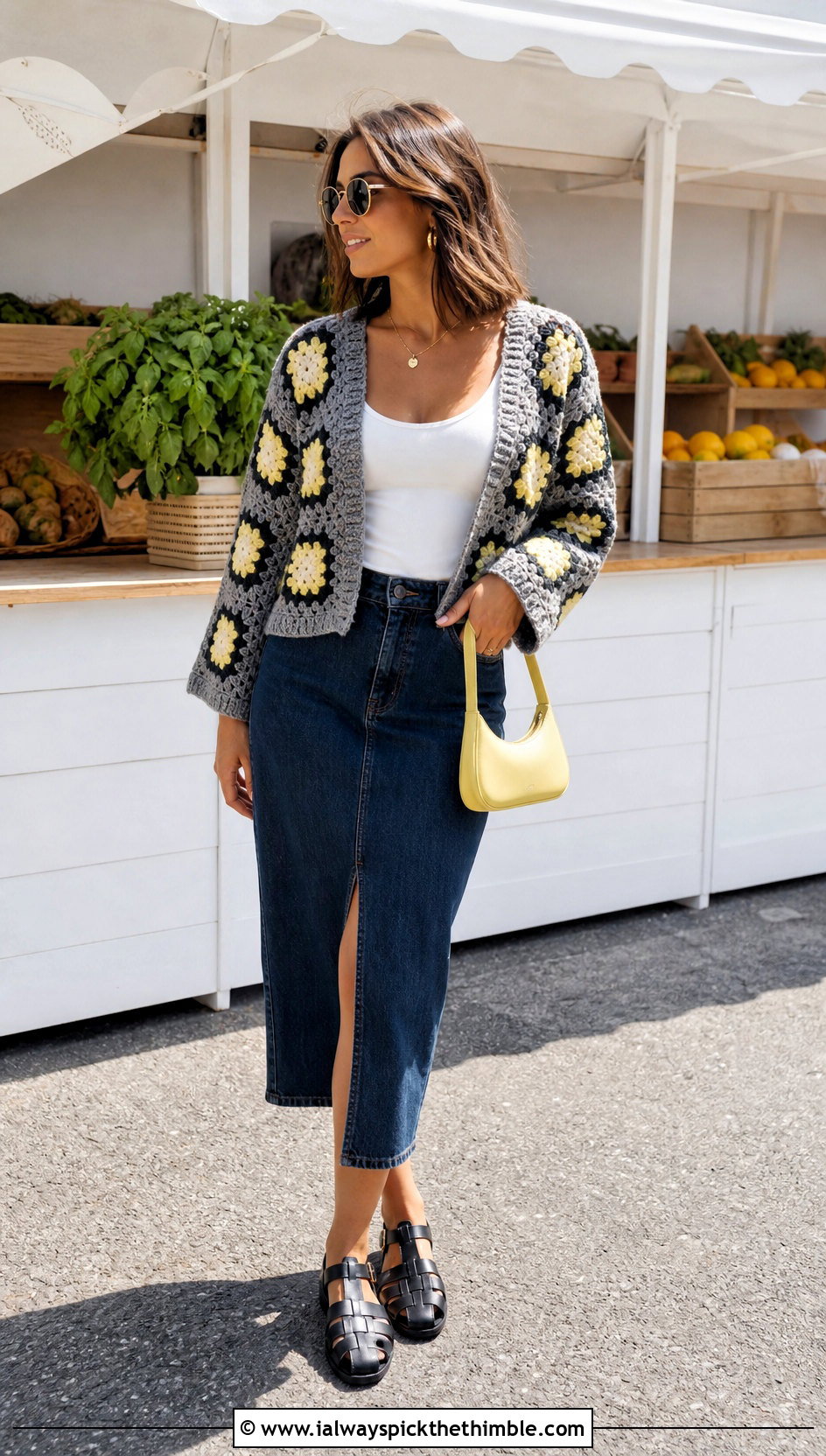 Granny Square Gray Crochet Cardigan With Denim Skirt - 15 Gray Crochet Cardigan outfit ideas