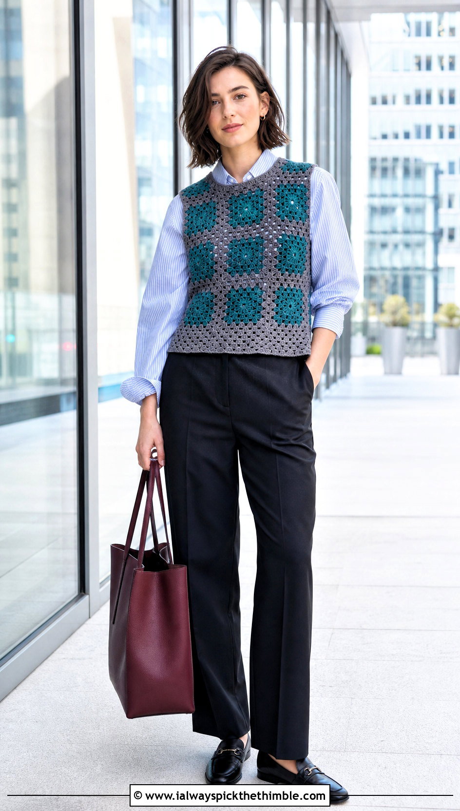Granny Square Gray Crochet Sweater Vest With Tailored Trousers - 15 Gray Crochet Sweater Vest outfit ideas