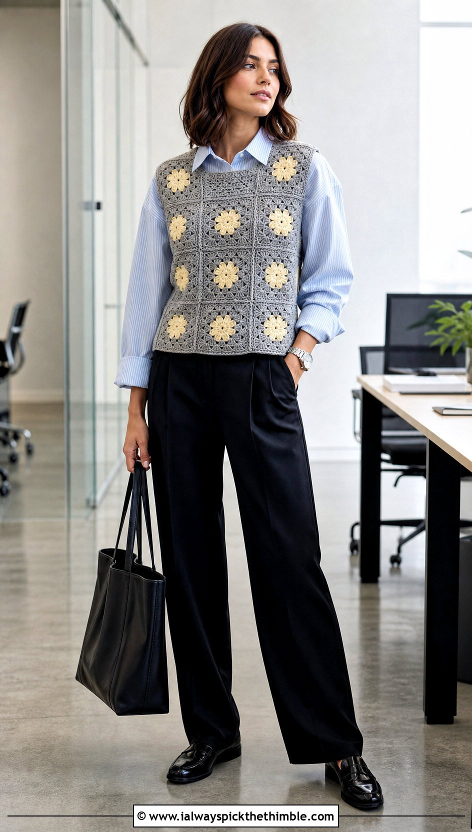 Granny Square Gray Crochet Vest With Tailored Trousers - 15 gray crochet vest outfit ideas