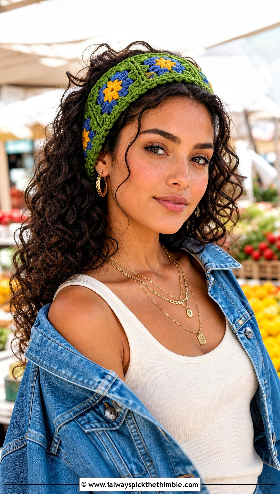 Granny Square Green Crochet Headband With Denim Jacket And Maxi Skirt - 20 green crochet headband outfit ideas