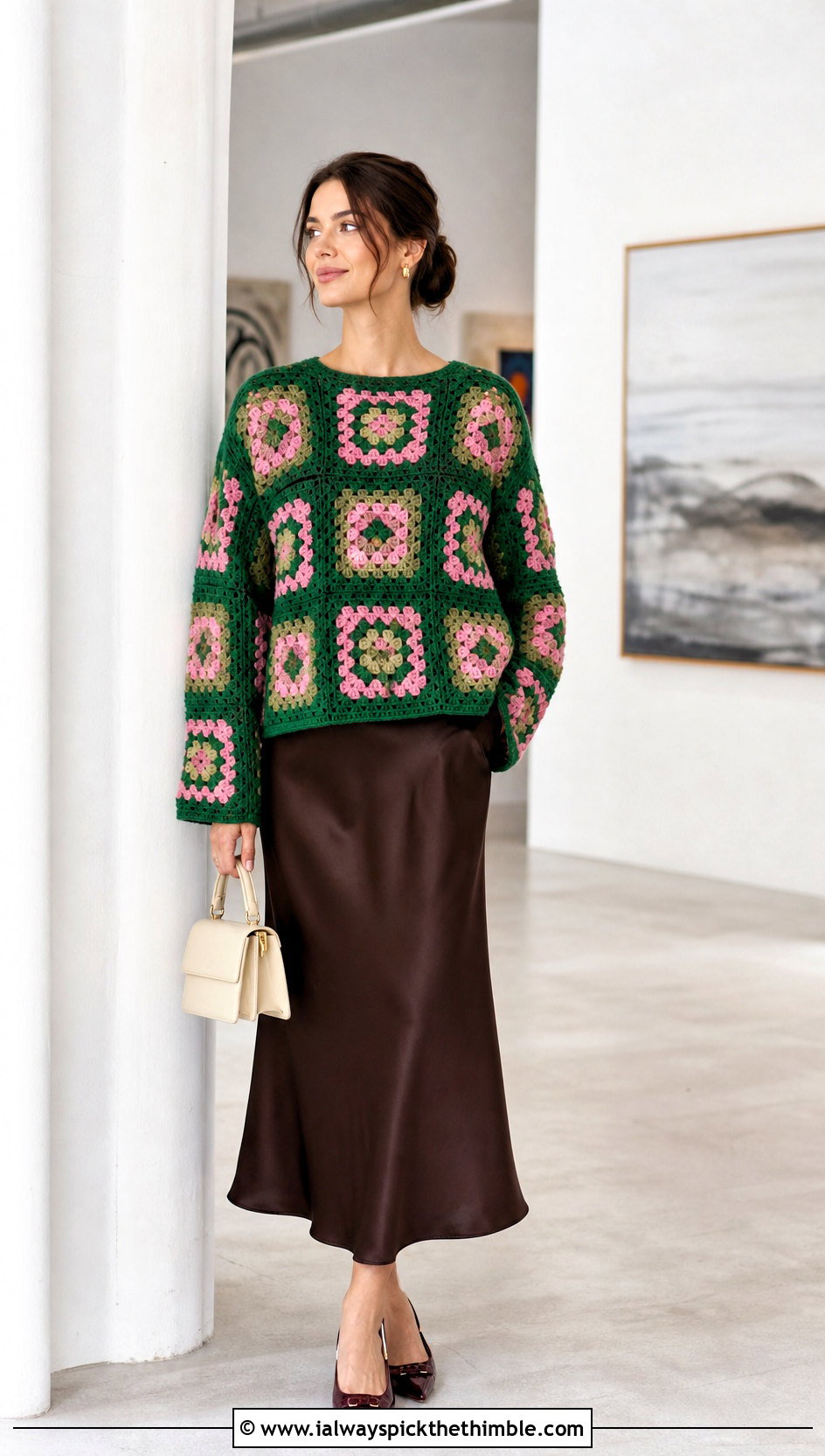 Granny Square Green Crochet Sweater With Satin Midi Skirt - 25 green crochet sweater outfit ideas