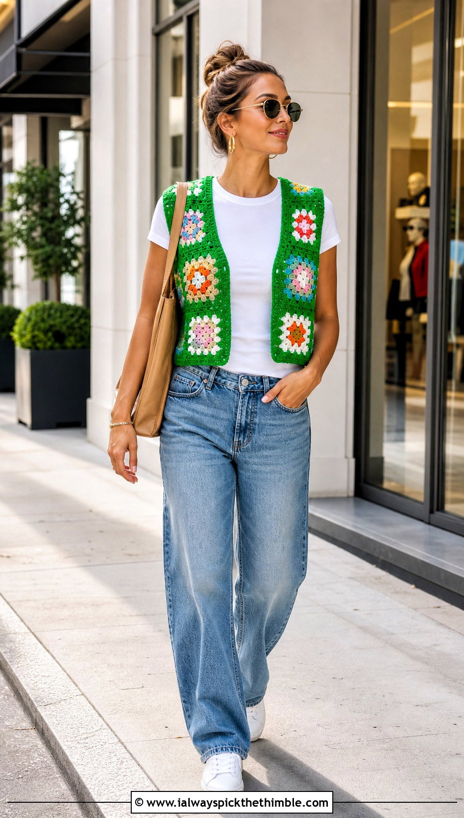 Granny Square Green Crochet Vest With Barrel Jeans - 15 green crochet vest design outfit ideas
