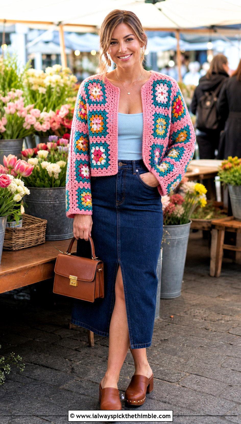 Granny Square Grid Crochet Sweater With Denim Midi Skirt - 15 Grid Crochet Sweater outfit ideas
